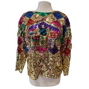 Vintage Erez Gold Sequin Long Sleeve Silk Top With Multicolor Diamond Harlequin